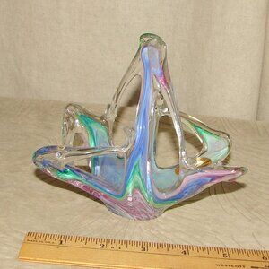Murano Art Glass Basket Ring Dish, Hand Blown/Stretched, Rainbow Color Italy, 5"